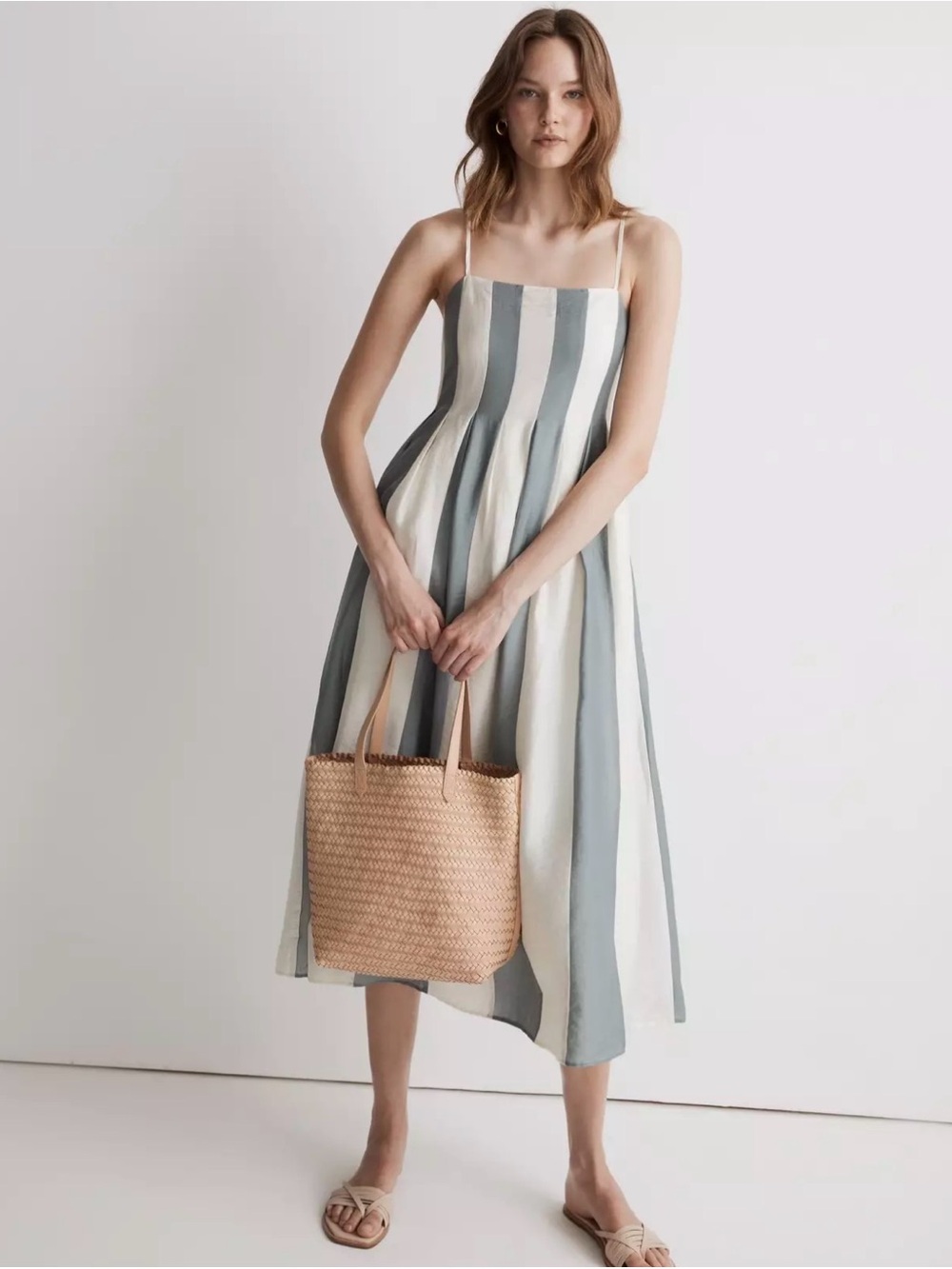 Madewell Blue and White Vertical-Stripe Spaghetti-Strap Midi Dress